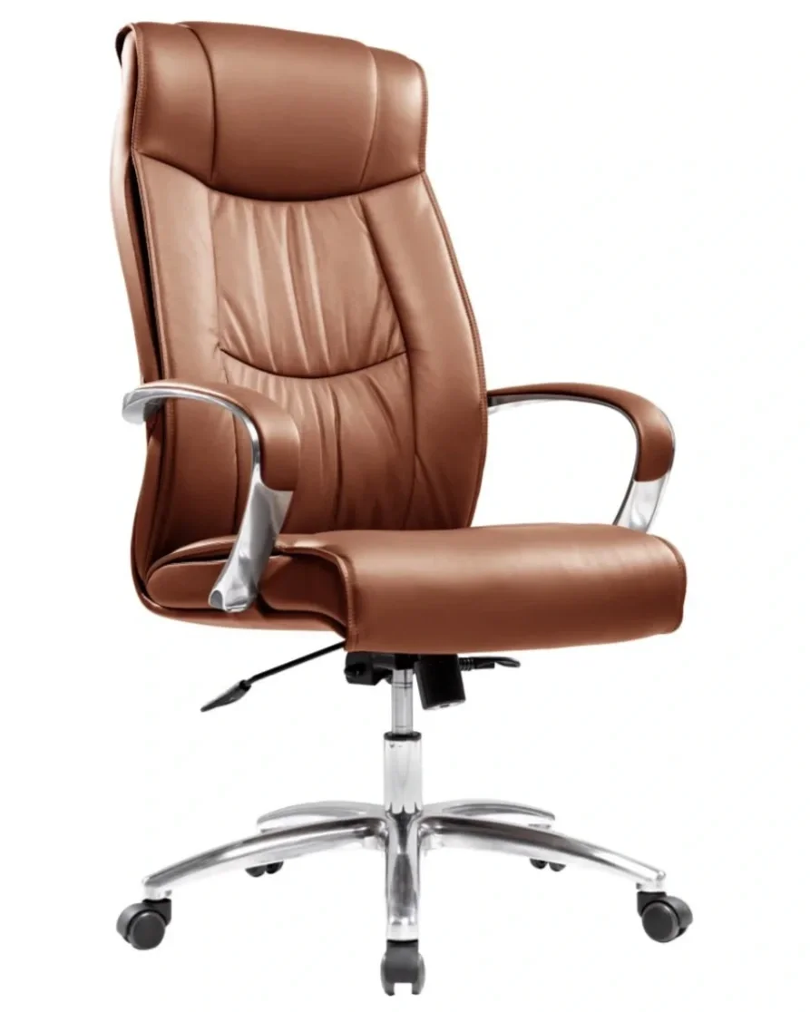 A brown leather office chair with chrome armrests and a five-star wheeled base