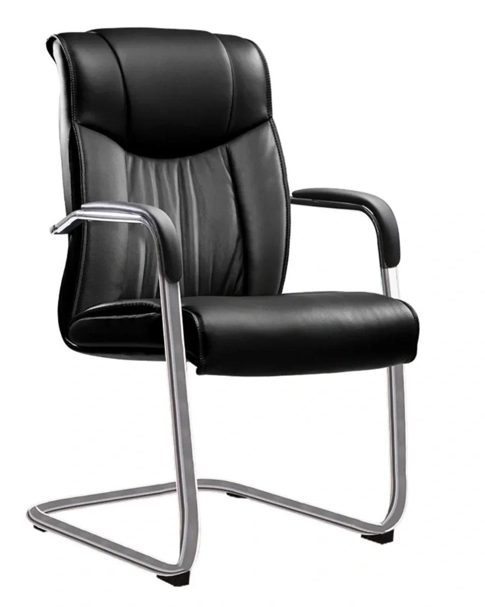 A black leather office chair with a high backrest, armrests, and a metal sled base.