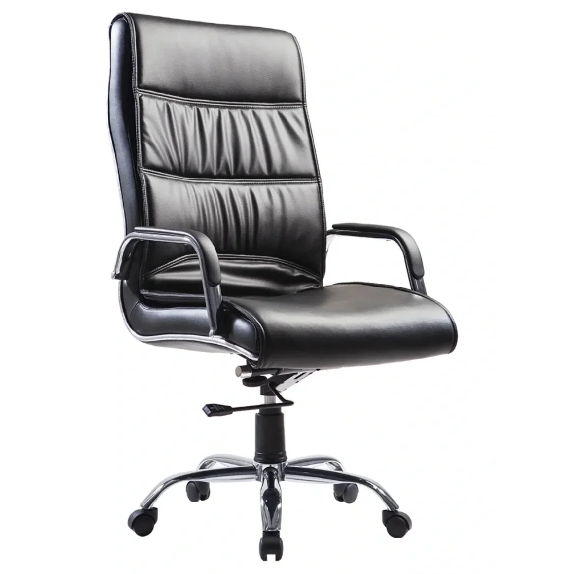 A black leather office chair with a high backrest, armrests, and a five-wheel base against a white background.