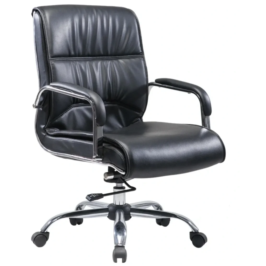 Black leather office chair with chrome armrests and a five-wheel base.