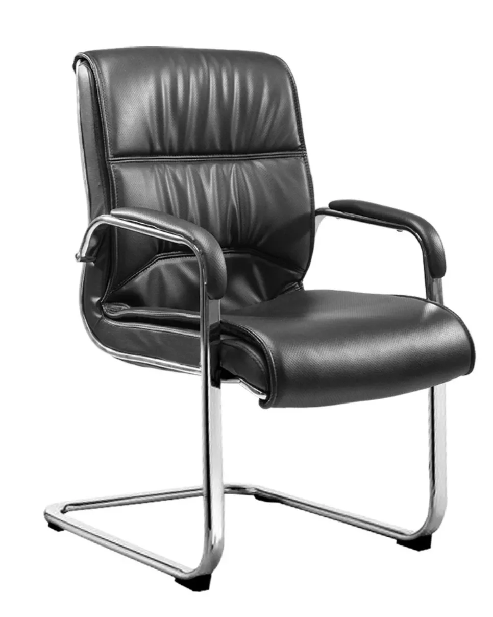 Black leather office chair with metal armrests and a cantilever base.