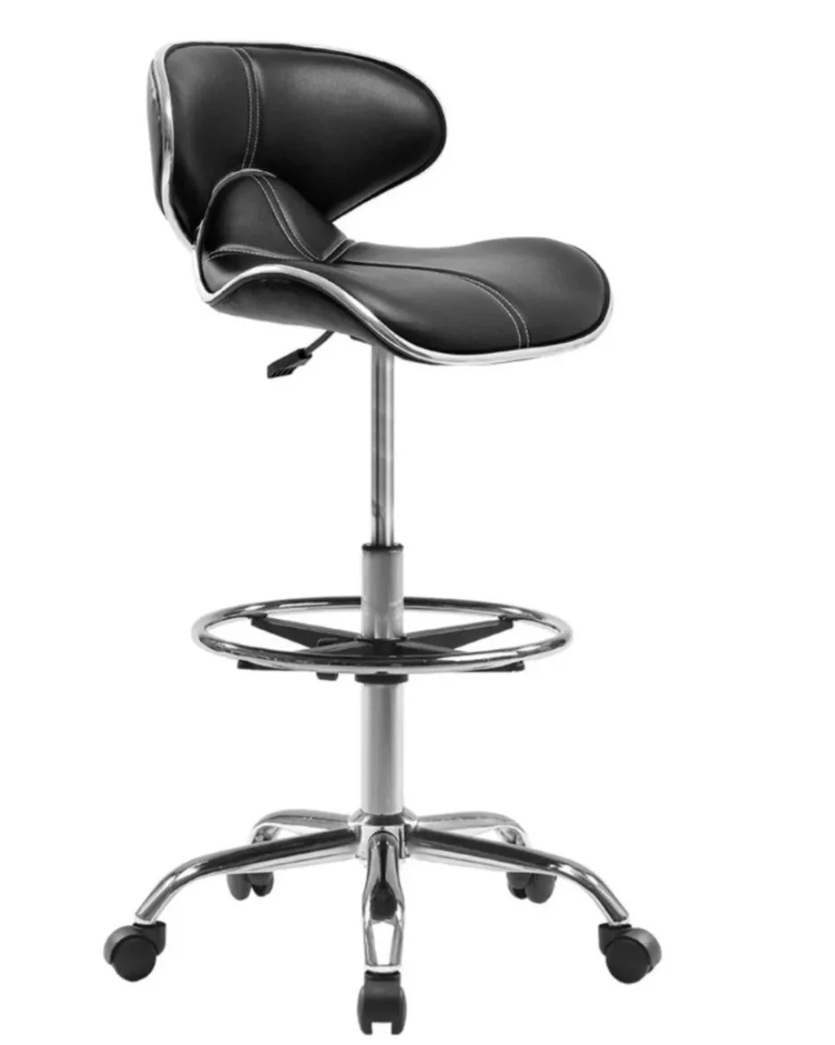 Office chair with black seat and backrest, chrome base with five wheels, adjustable height mechanism, and a footrest ring