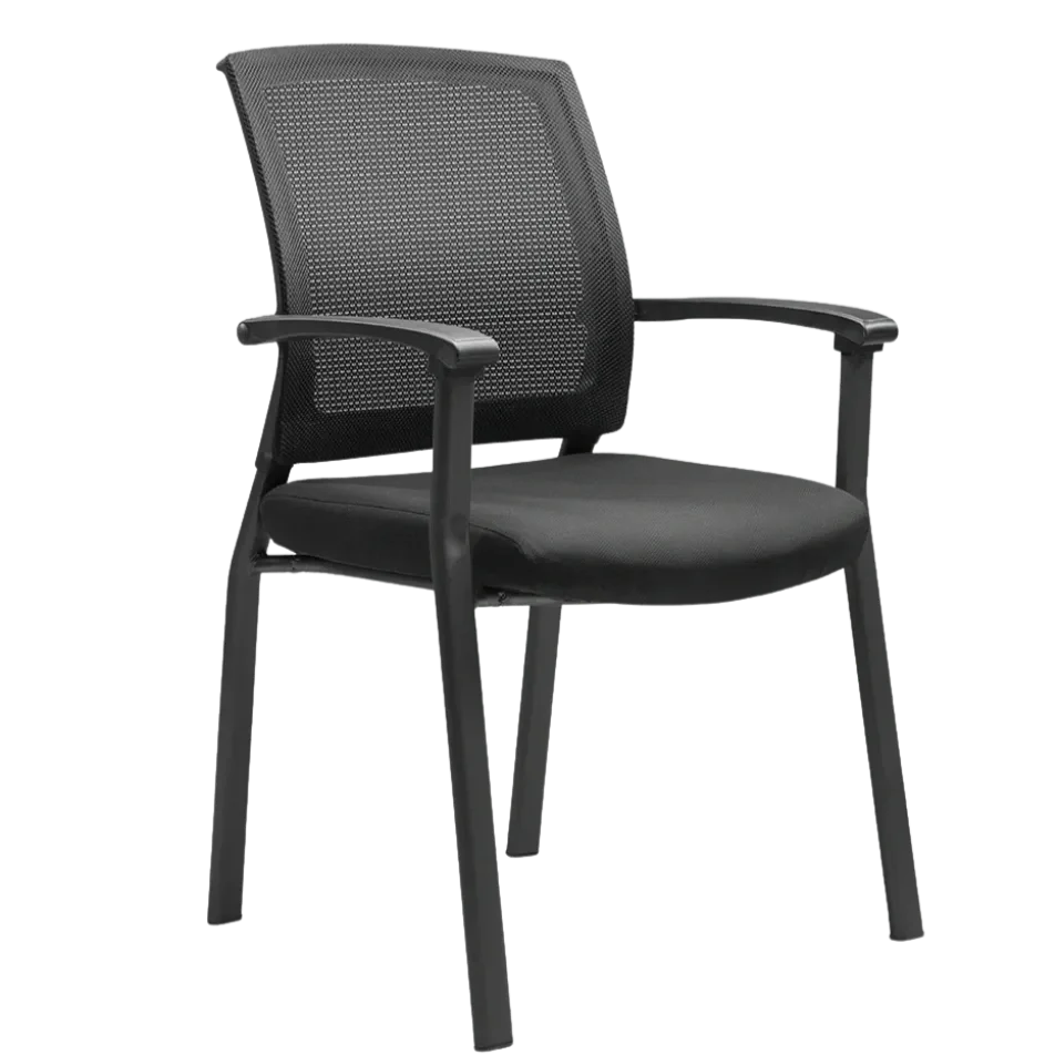 Black office chair with a mesh backrest, padded seat, and armrests, isolated on a white background.