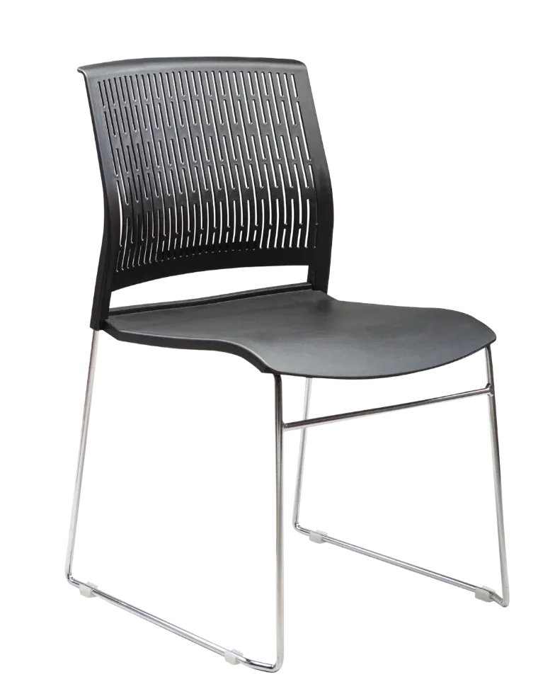 A black chair with a perforated backrest and metal legs.