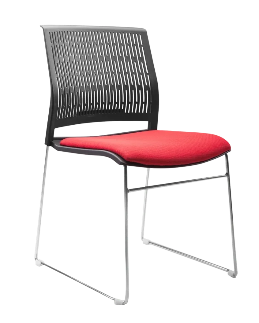Office chair with a black, perforated plastic backrest and a red cushioned seat, supported by metal legs.
