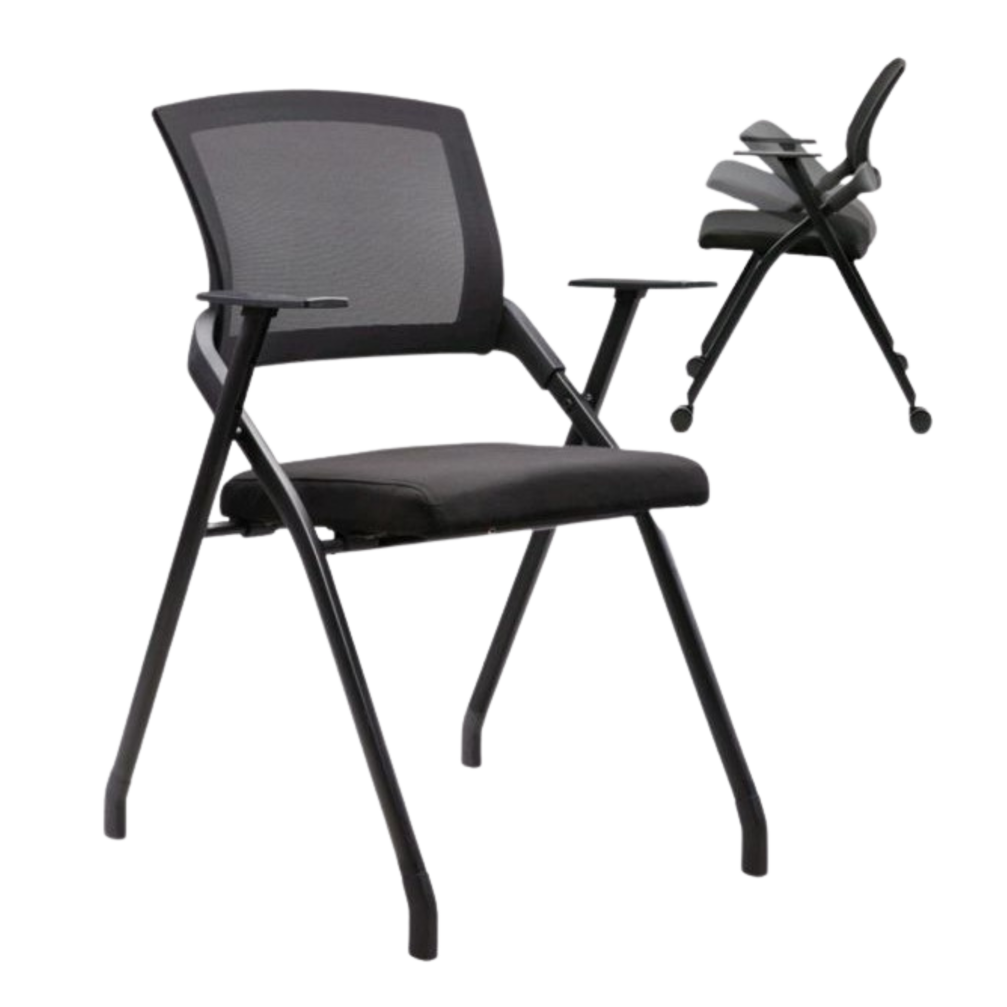 A black office chair with armrests and a mesh backrest, photographed from a side angle, with a transparent background.