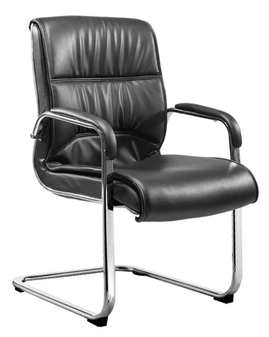 Black leather office chair with metal frame and armrests.