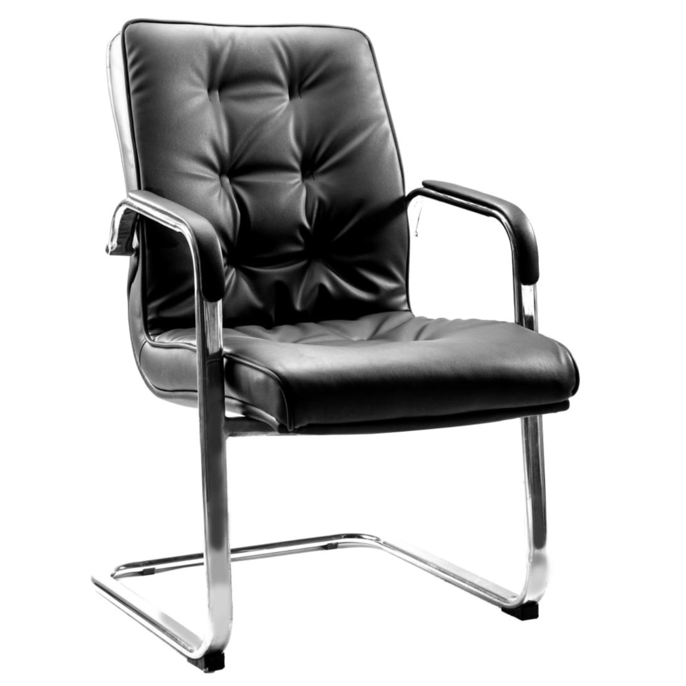 Black leather office chair with chrome frame and padded armrests.