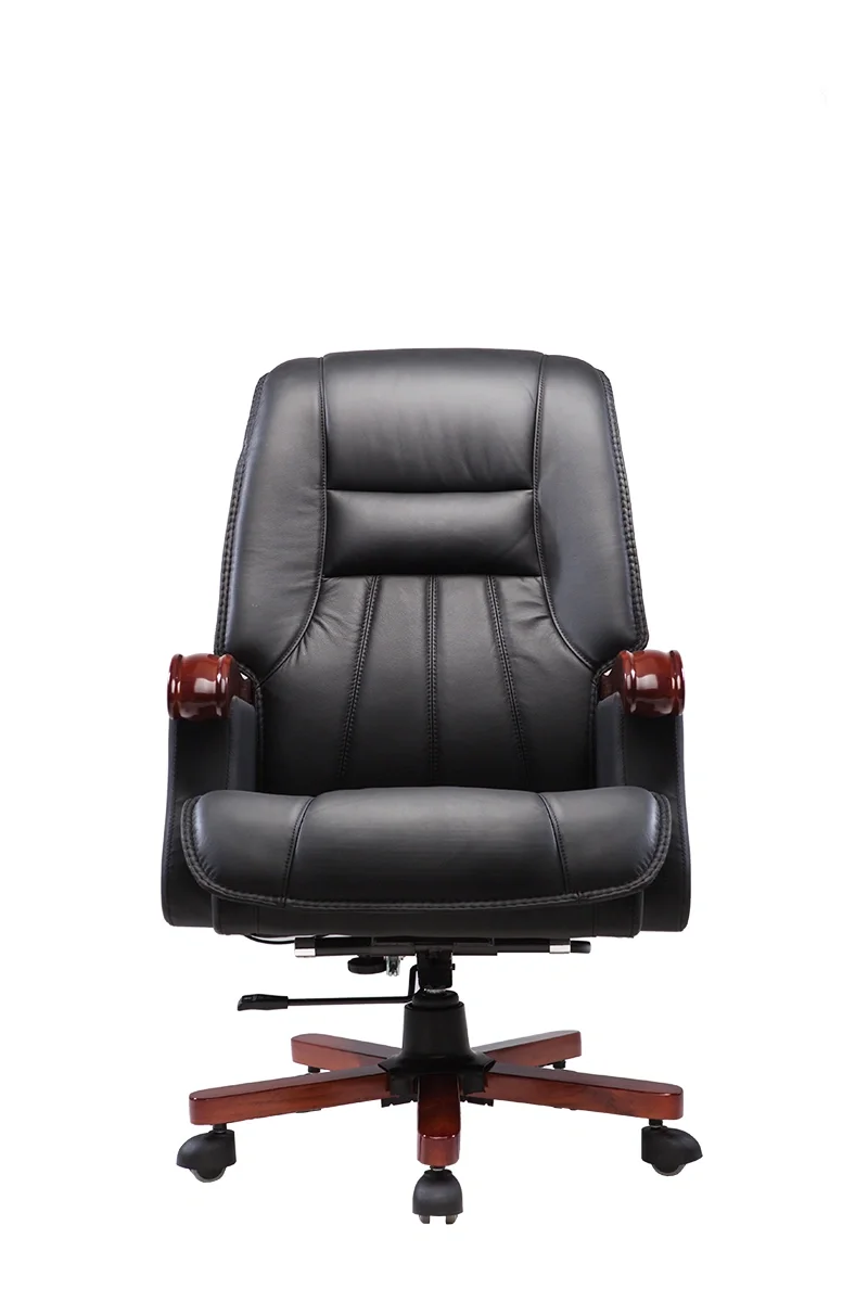 Black leather executive office chair with wooden armrests and base, on a white background.
