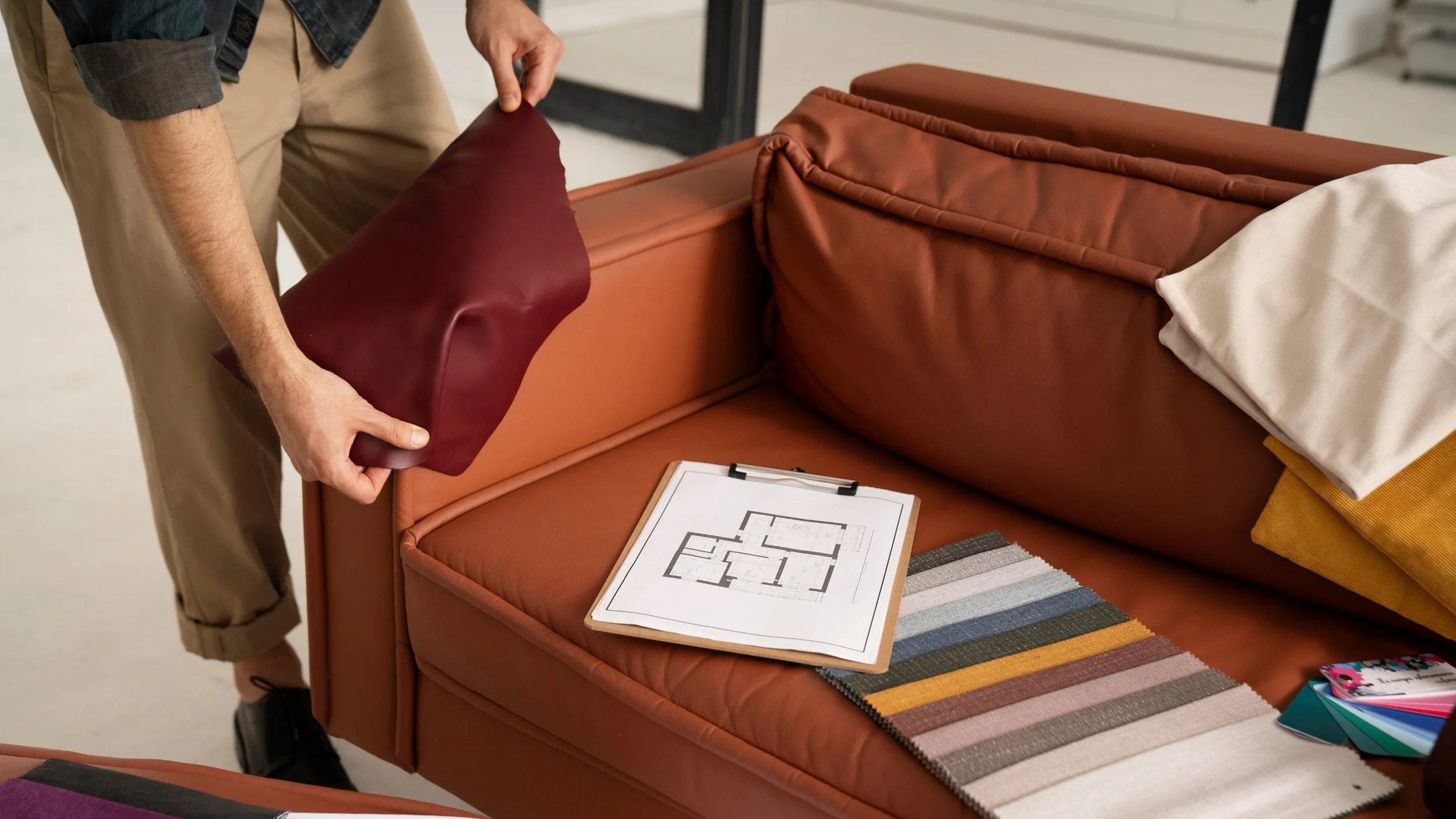 Person holding a burgundy cushion near a peach-colored sofa with various fabric samples and a design sketch on a clipboard.
