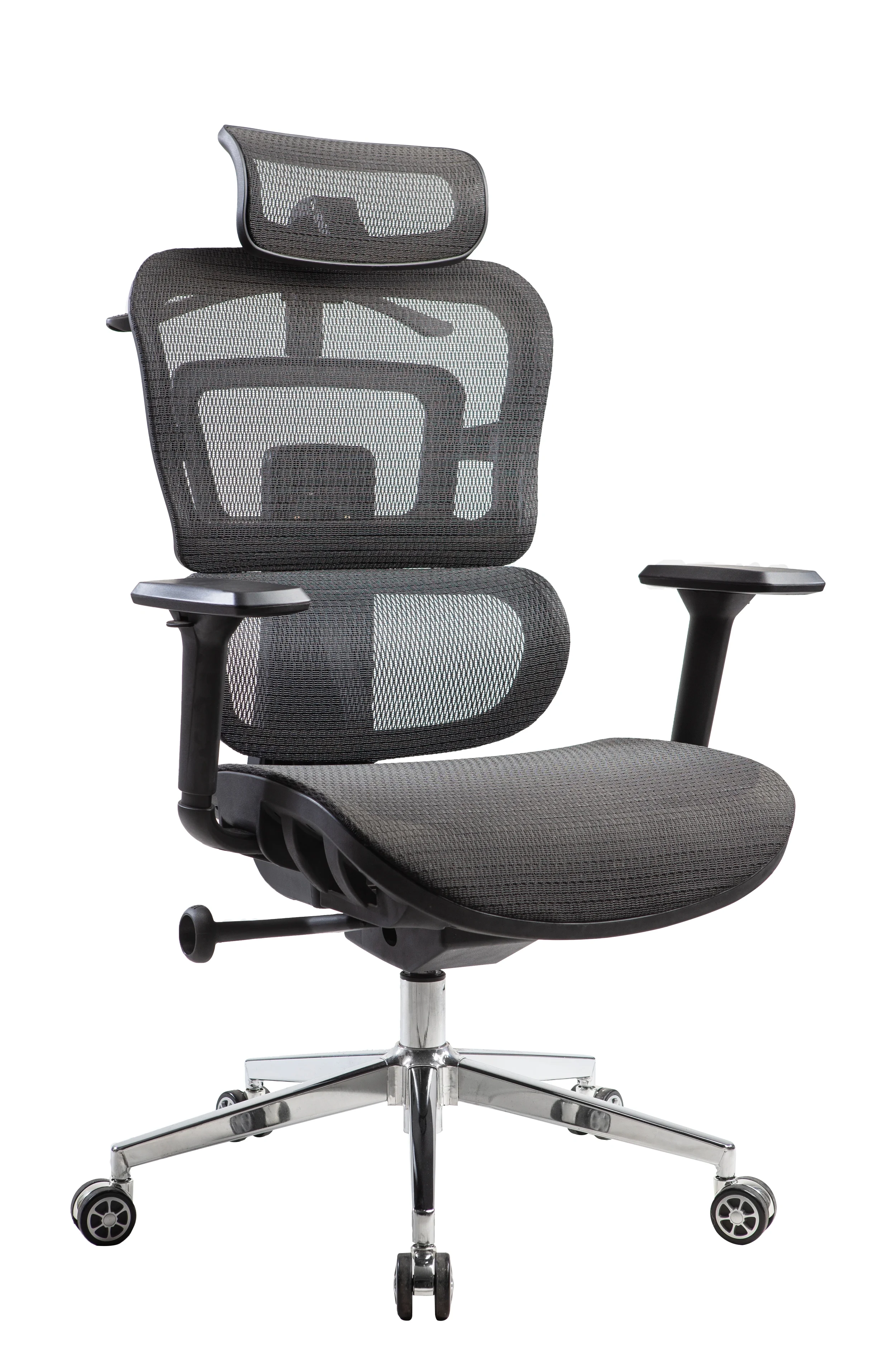 A black ergonomic office chair with mesh back and adjustable armrests.