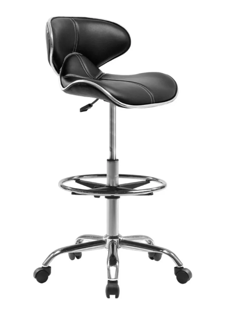 A black ergonomic office chair with a padded seat and backrest, chrome armrest ring, five caster wheels, and a height adjustment lever.