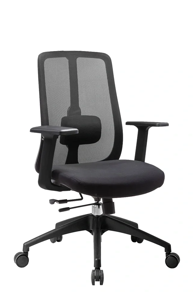 Black ergonomic office chair with mesh backrest and adjustable armrests, on a white background.