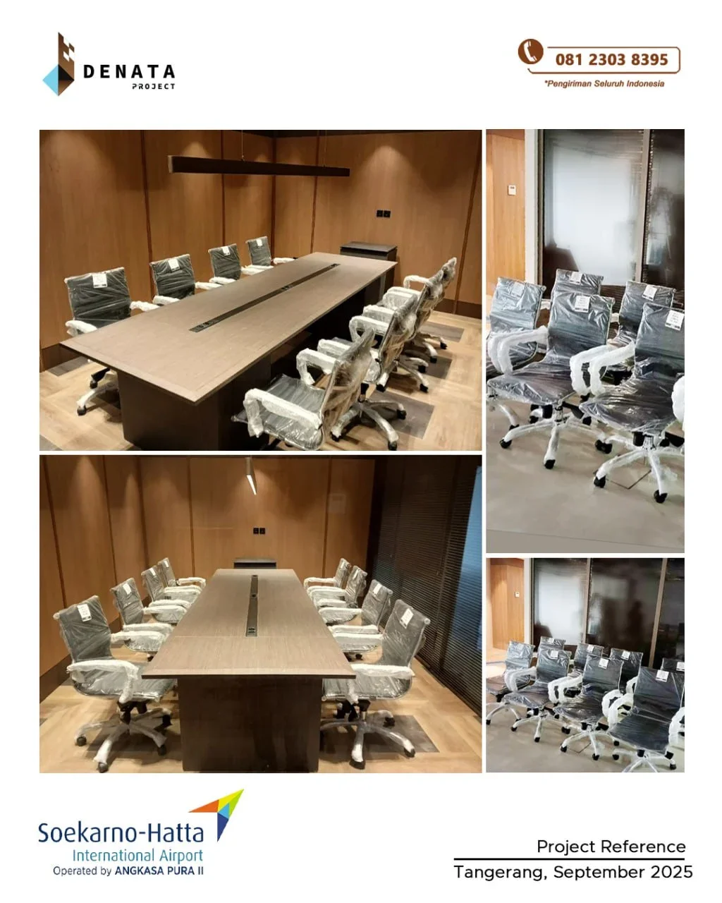 Set of modern, black office chairs with white armrests, covered in plastic wrap, surrounding a large wooden conference table in a wood-paneled room.