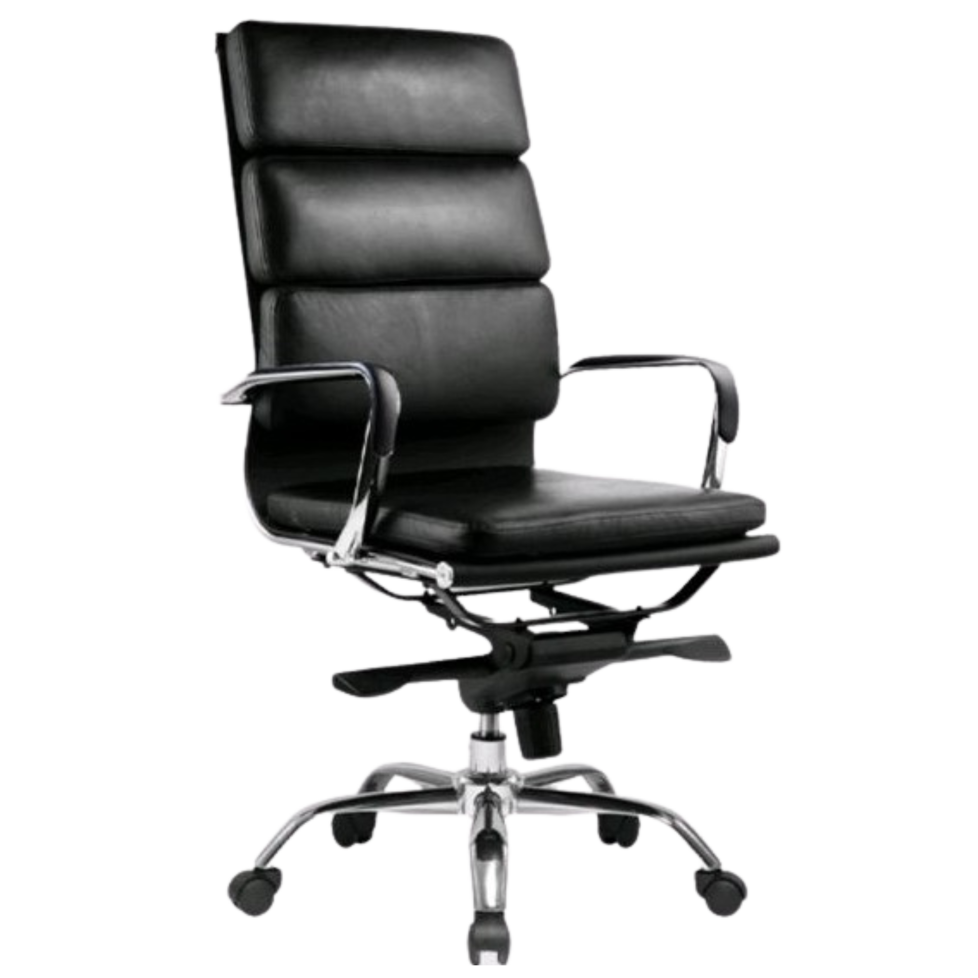 Black office chair with high backrest, armrests, and chrome base with wheels.