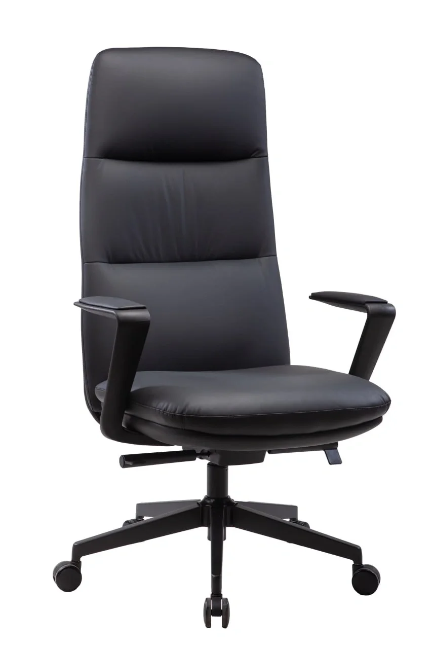 Black leather executive office chair with adjustable armrests and rolling casters.