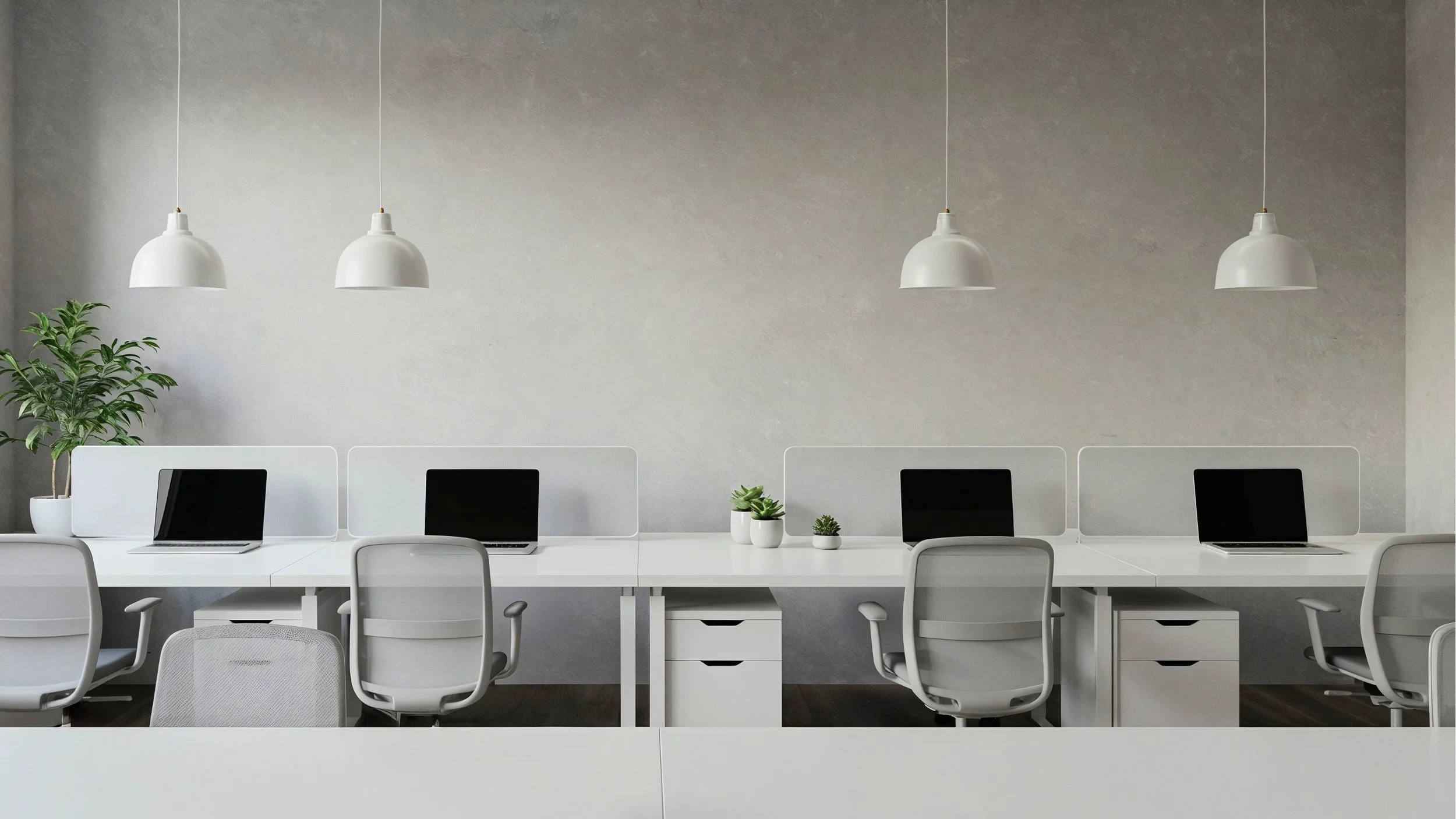 Empty modern office workspace with white desks, ergonomic chairs, laptops, and small potted plants, illuminated by hanging white pendant lights.