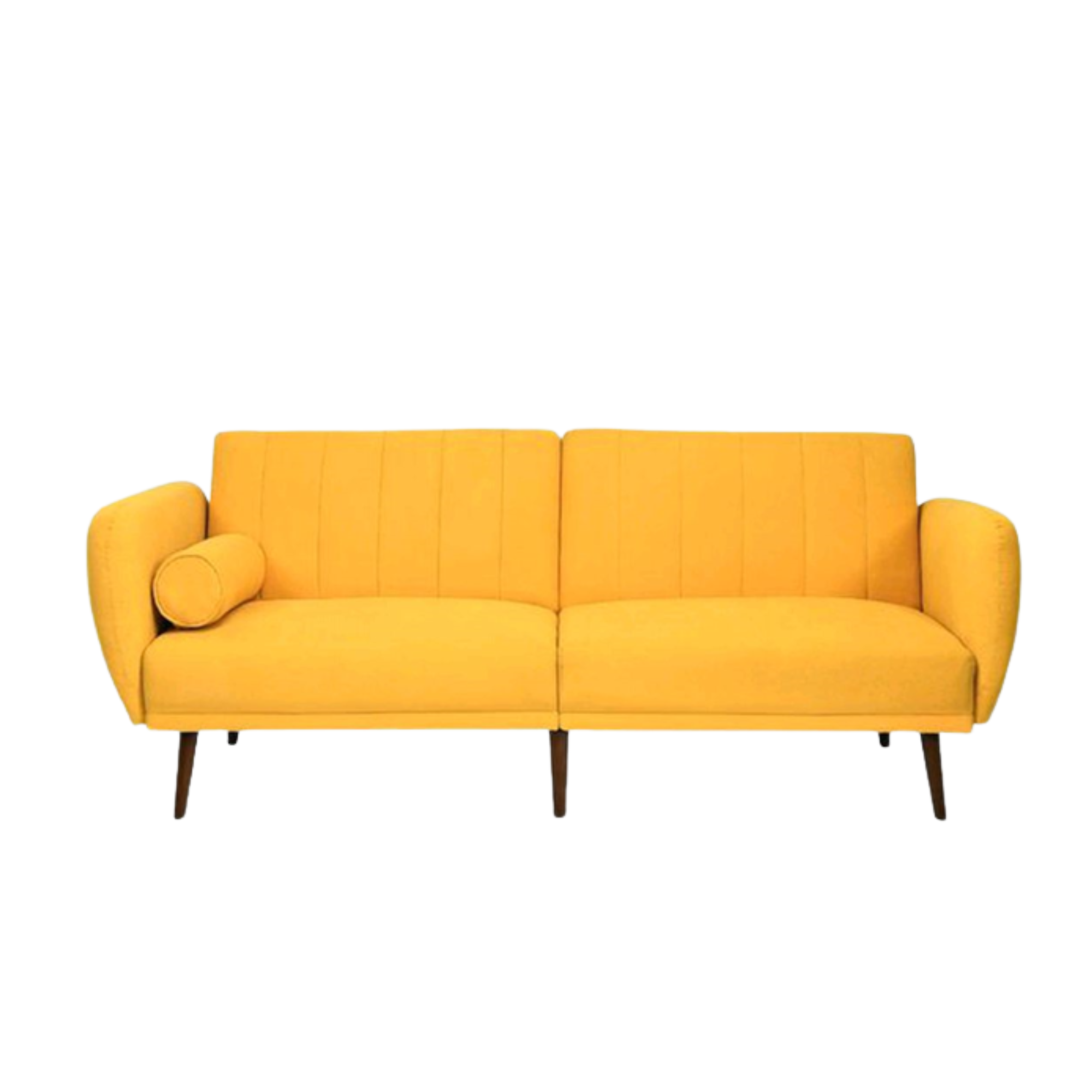 Yellow mid-century modern sofa with wooden legs and a cylindrical pillow.