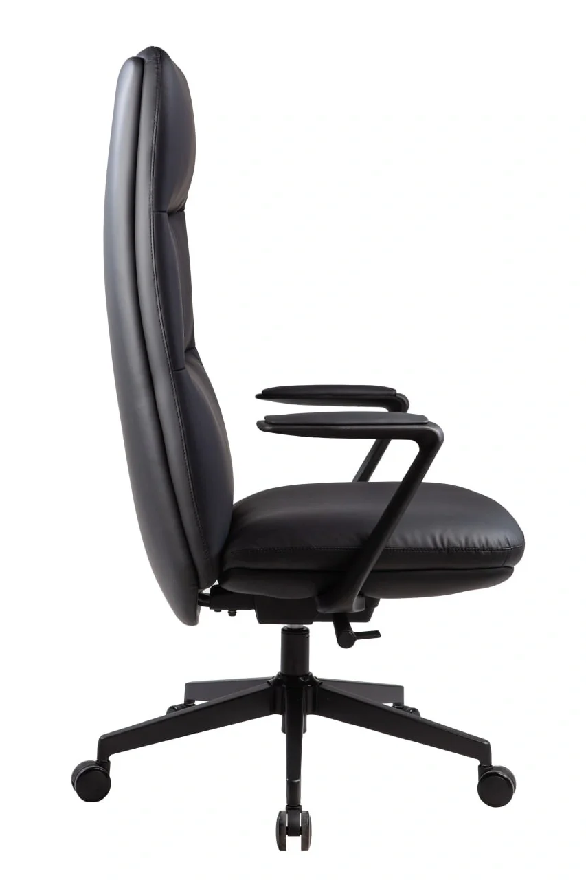 Side view of a black ergonomic office chair with cushioned headrest, armrests, and a five-wheel base, set against a plain white background.