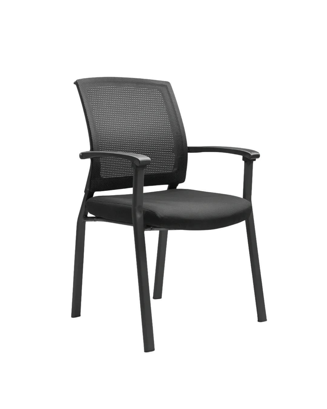 Black office chair with mesh backrest and cushioned seat, set against a plain background.