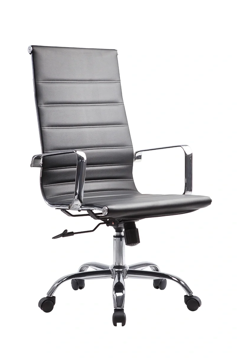 A black office chair with a high backrest, armrests, and a chrome base with wheels, set against a white background.