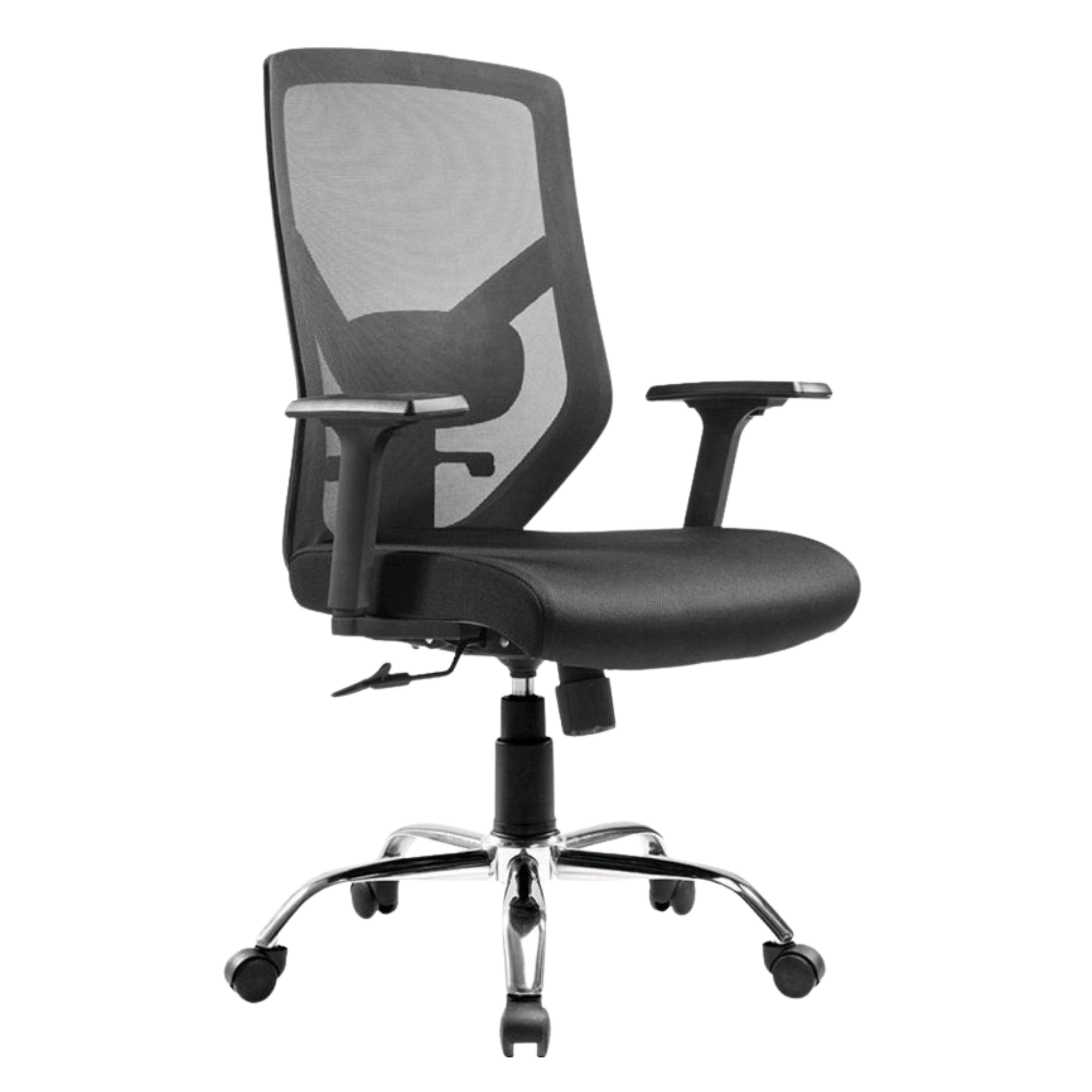 Black ergonomic office chair with mesh backrest, armrests, adjustable height, and five-star wheelbase.
