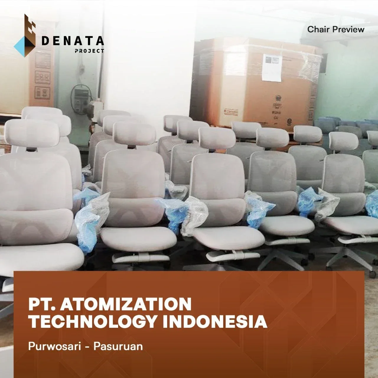 Empty beige office chairs with headrests arranged in rows in a conference room, some with plastic packaging on their armrests, and a large cardboard box in the background. Overlay text indicates the location as Purwosari, Pasuruan, and the project as PT. Atomization Technology Indonesia.