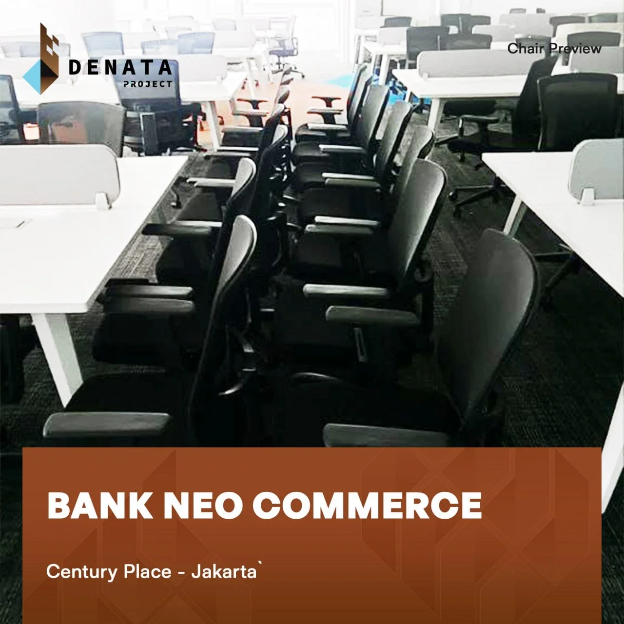 Empty conference room with white tables and black chairs, labeled as 'Bank Neo Commerce' at Century Place, Jakarta.