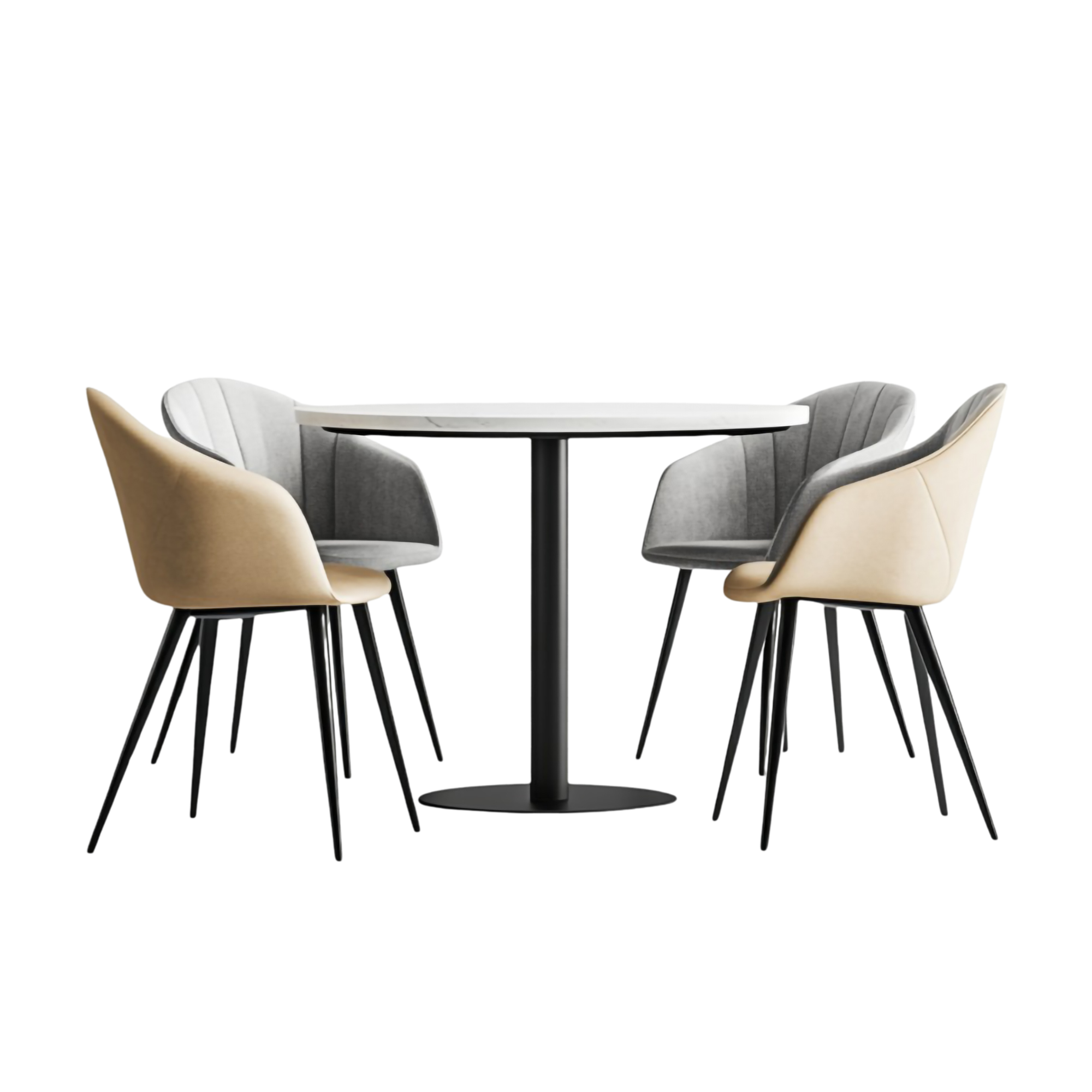 Set of four modern upholstered chairs in beige and gray around a round dining table with a black pedestal base.