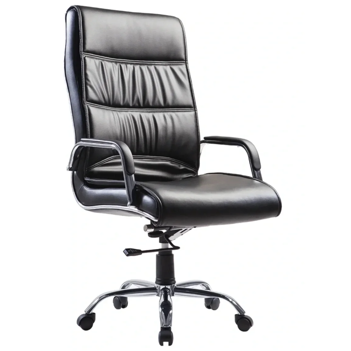 A black leather office chair with armrests and a high backrest, set against a white background.
