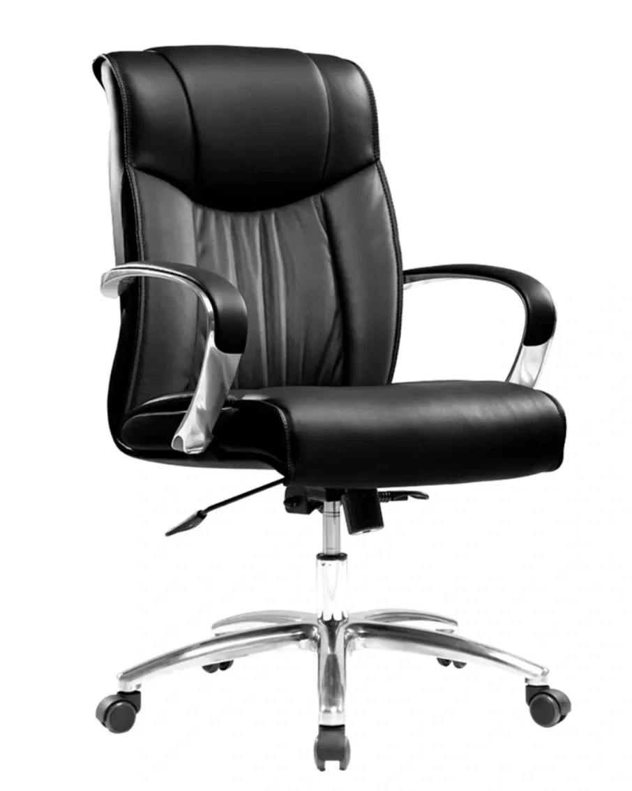Black leather office chair with armrests and a metal base with casters against a white background.