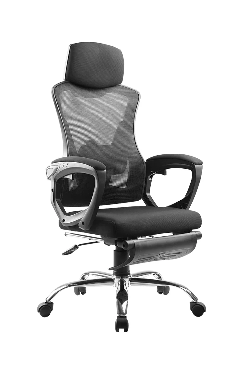 A black ergonomic office chair with a mesh back, adjustable headrest, and plastic armrests on a white background.