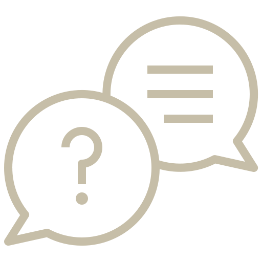 Two speech bubbles, one with a question mark and the other empty, representing a question and answer or conversation.