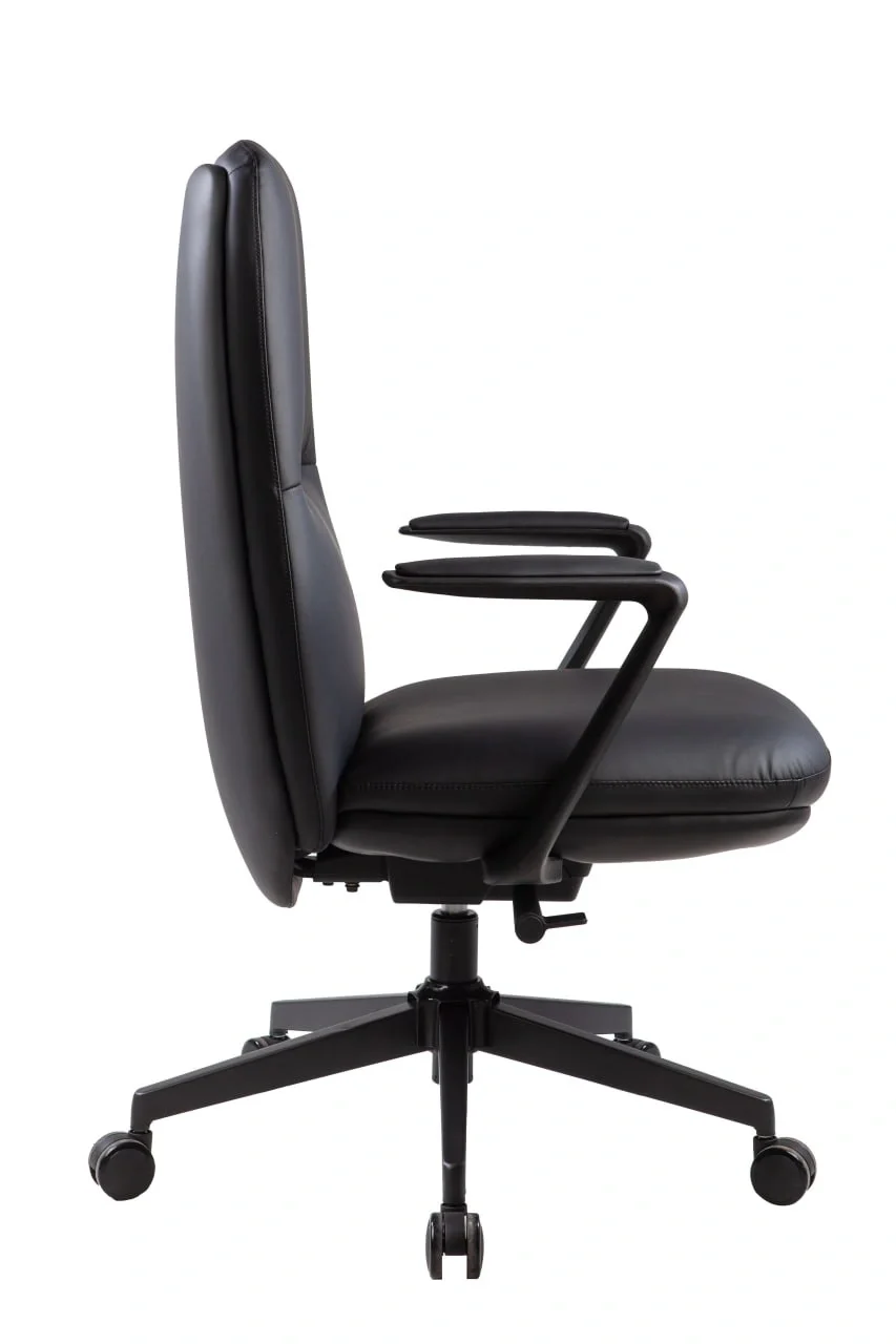 Side view of a black office chair with armrests and caster wheels on a white background.