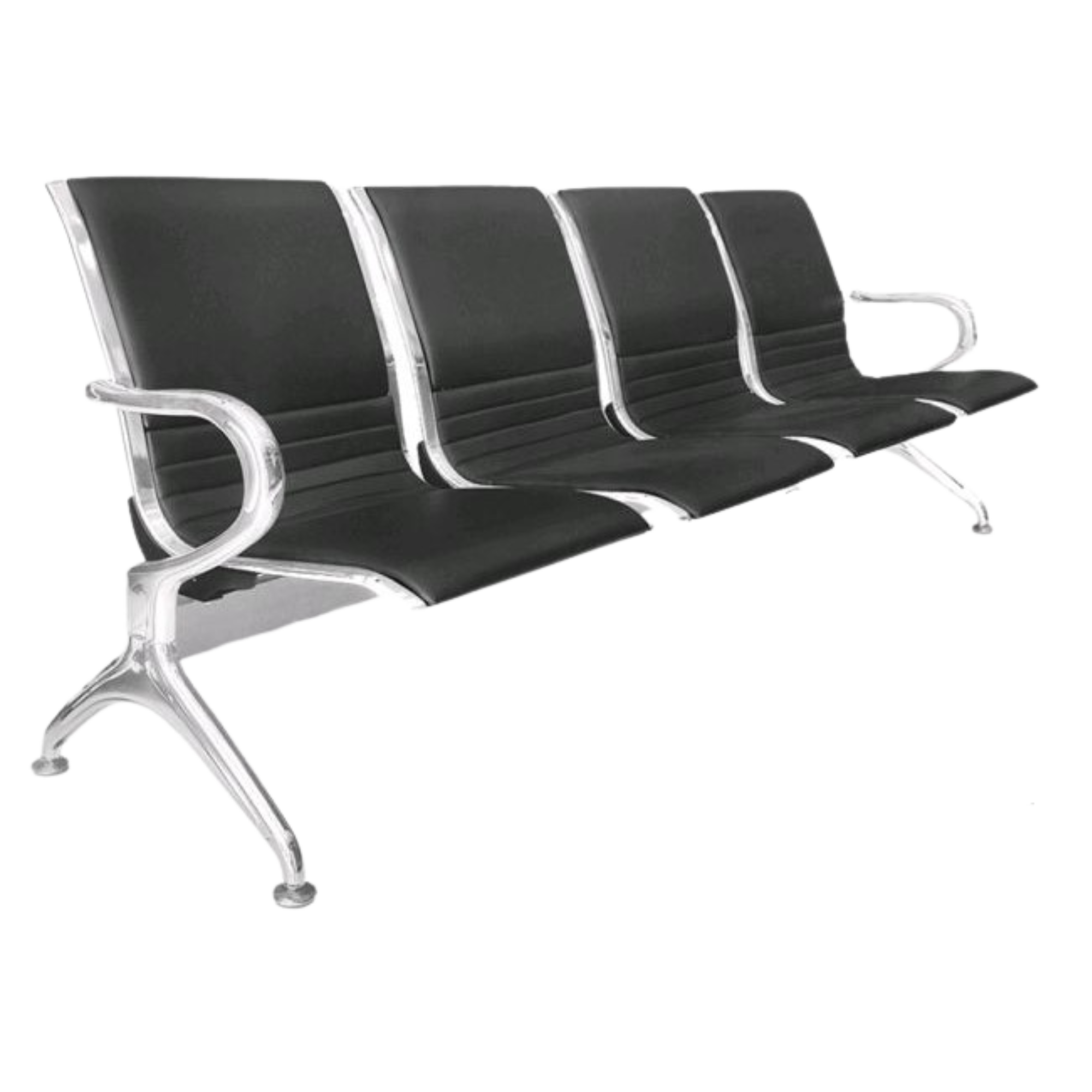 Four black airport waiting area chairs with metal armrests and legs, arranged side by side on a white background.