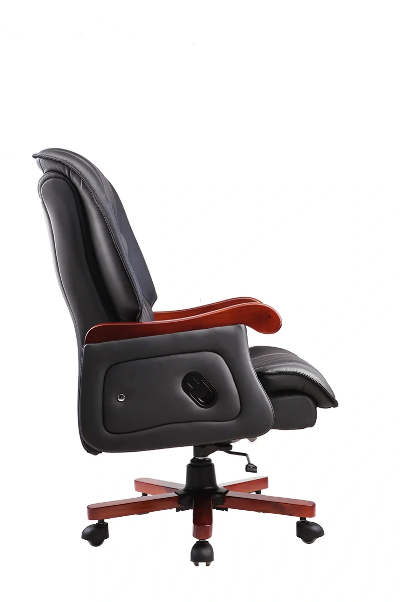 A black leather office chair with wooden armrests and a wooden base, set against a white background.
