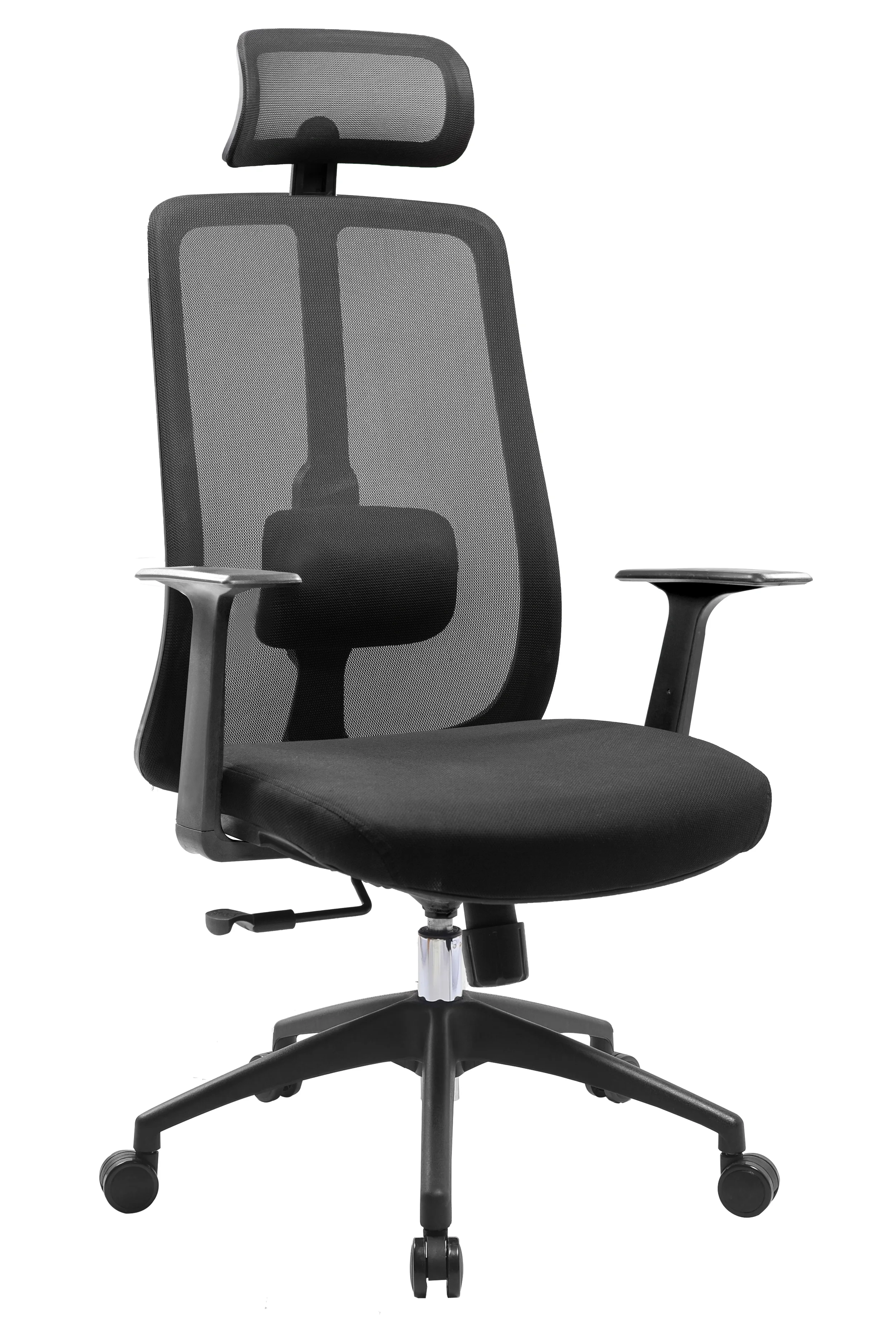 A black ergonomic office chair with adjustable armrests, a mesh back, and a headrest, set against a white background.
