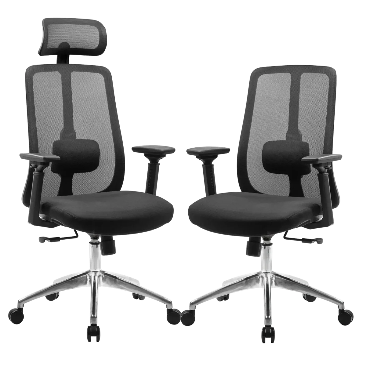 Two black ergonomic office chairs with mesh backs, adjustable armrests, and wheels, facing each other.