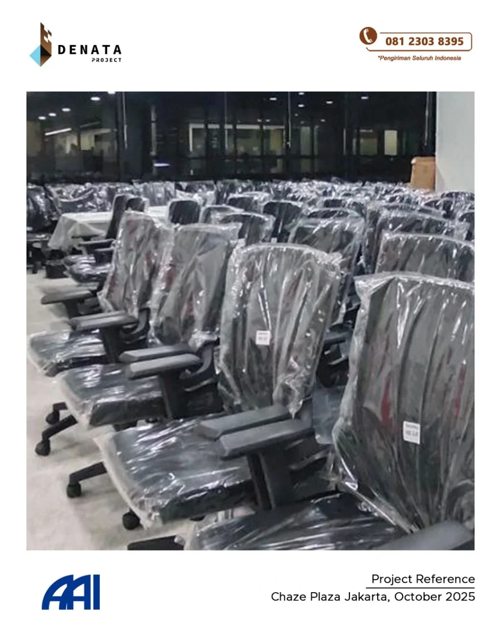 Rows of new office chairs wrapped in plastic inside a building.