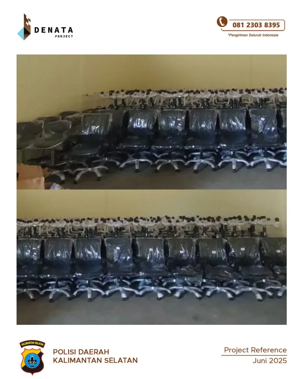Multiple black office chairs with plastic covers, arranged in rows against a light-colored wall.