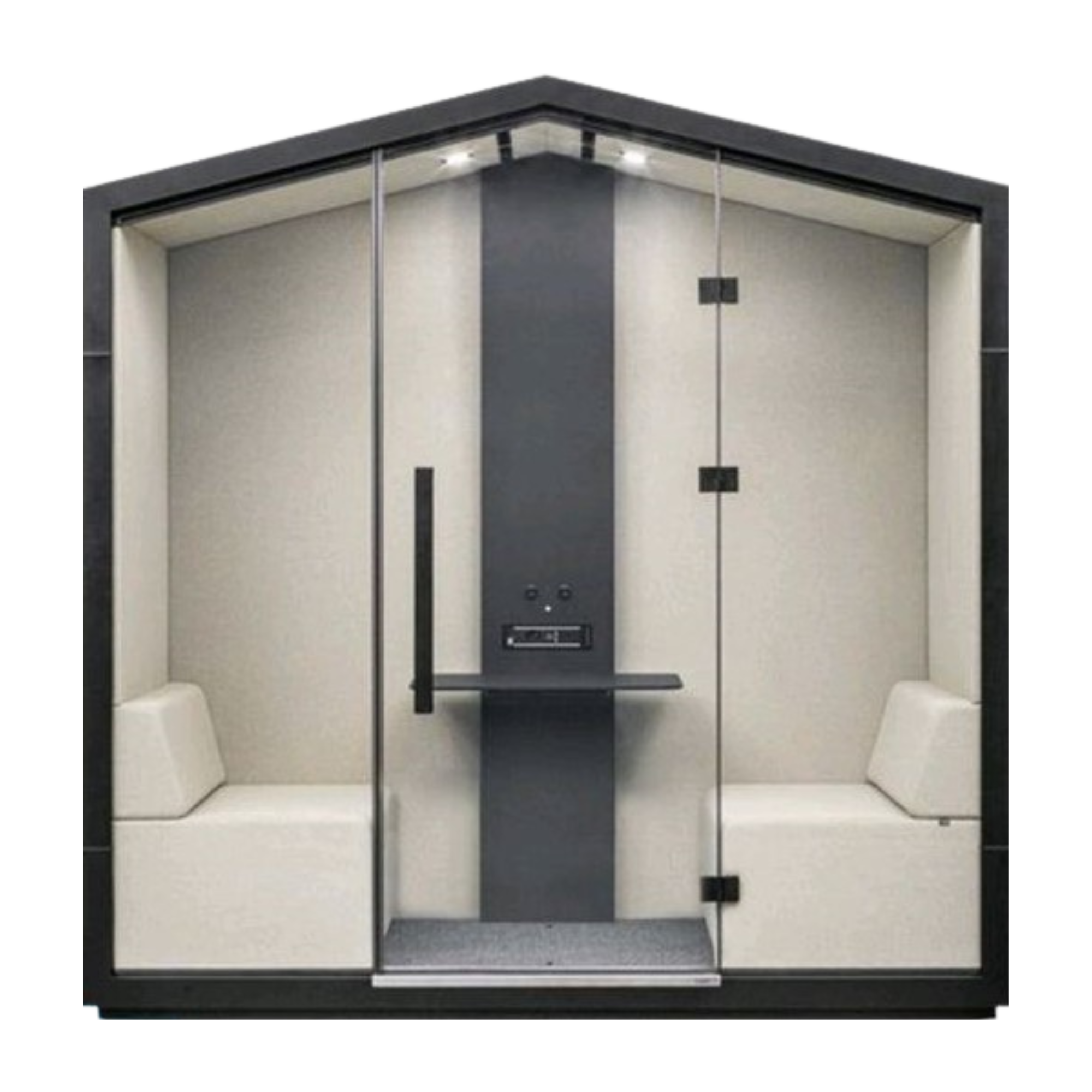 Soundproof booth with white cushioned seats, glass door, and integrated audio equipment in a modern office environment.