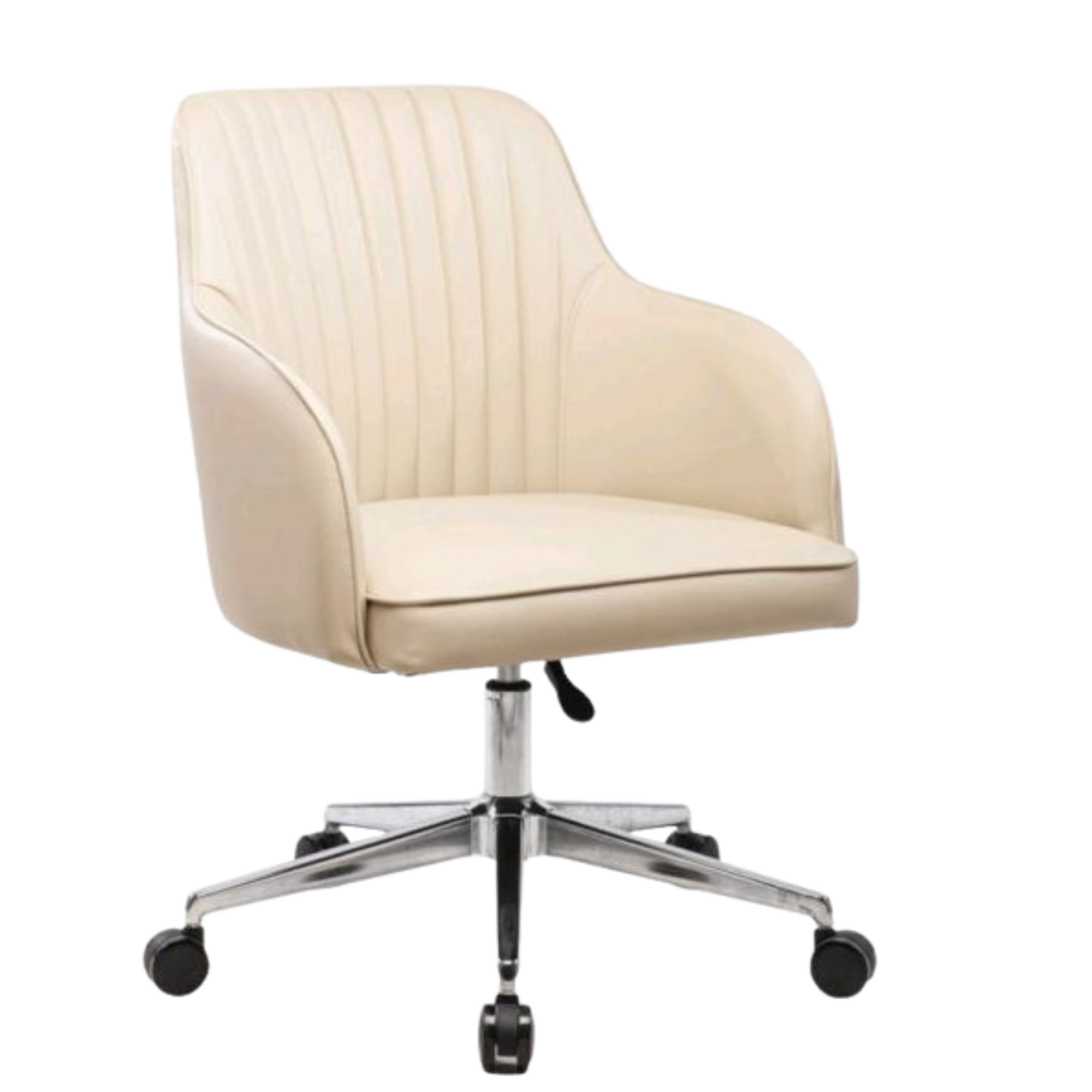A beige modern office chair with a cushioned backrest and seat, mounted on a metal base with five black caster wheels.