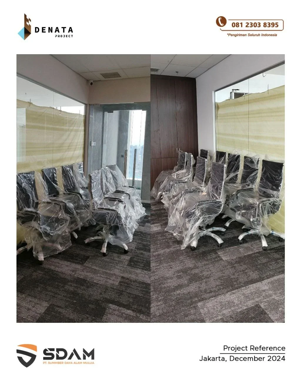 A pair of photos showing an office room with chairs covered in plastic, awaiting setup. The left image features a glass wall and a city view, while the right highlights a wooden panel behind the chairs.
