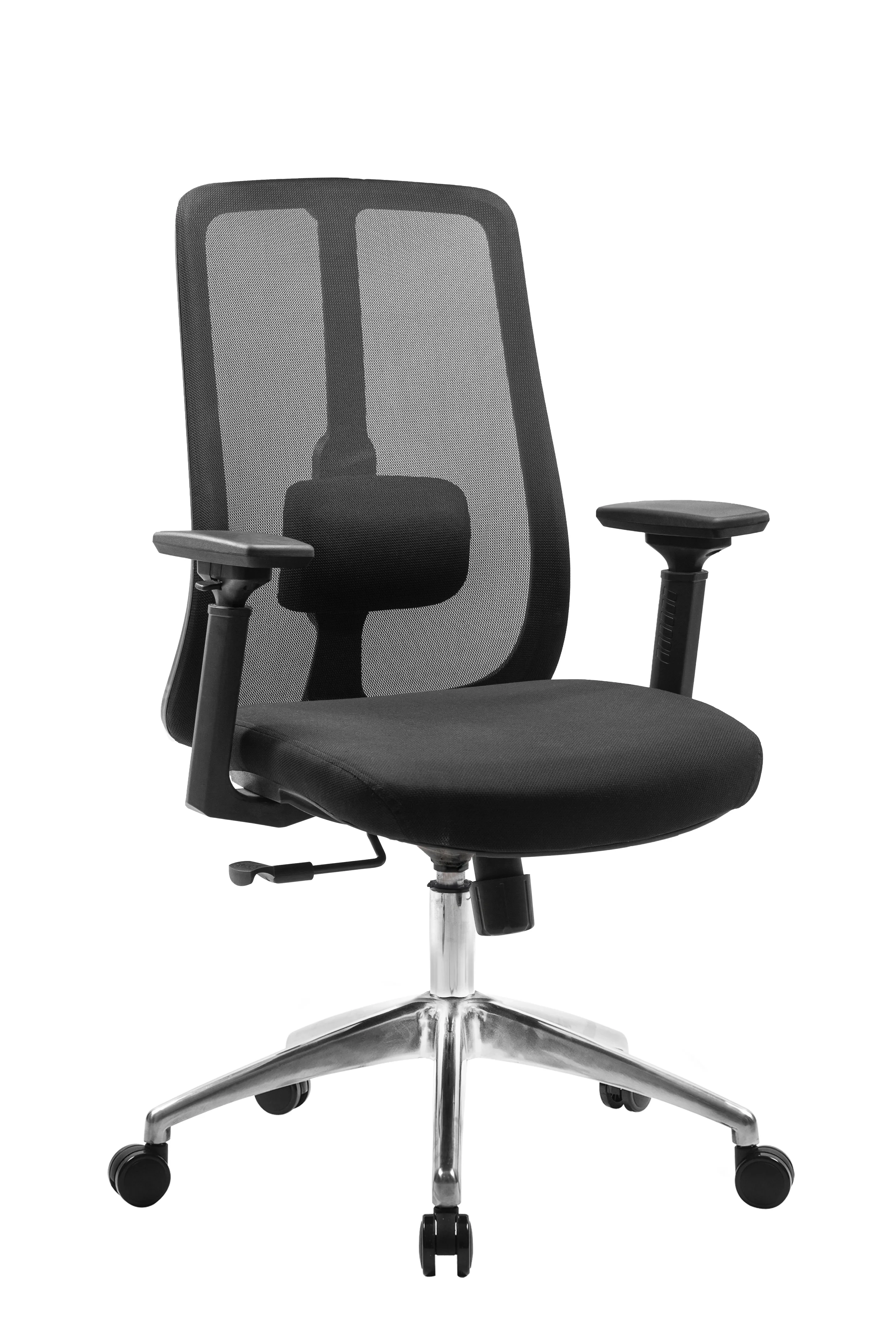 Black ergonomic office chair with mesh back and armrests on a five-wheel base.