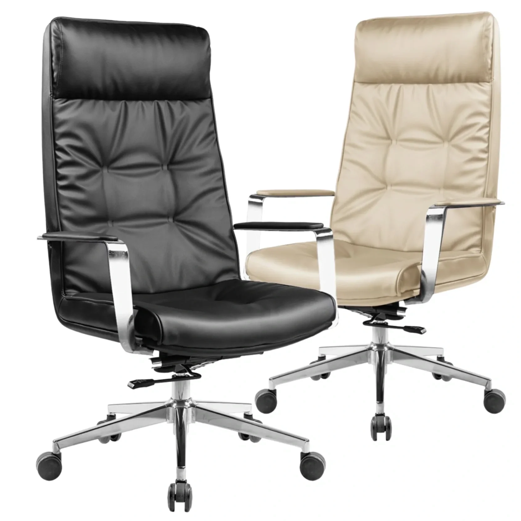 Two office chairs, one black and one beige, with metal armrests and bases, and casters for mobility.
