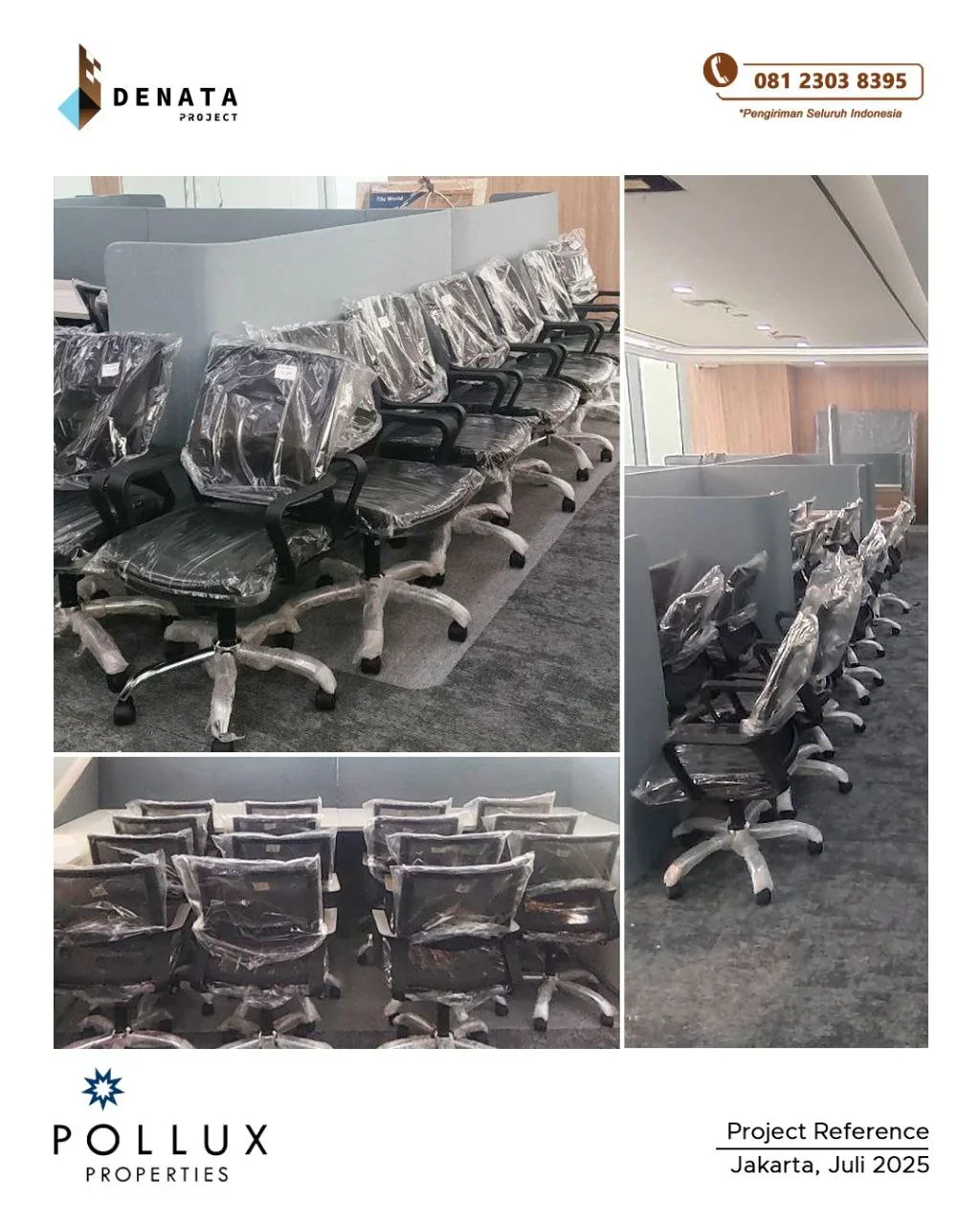 Images of brand new office chairs still wrapped in plastic, arranged in a row in a modern office setting.