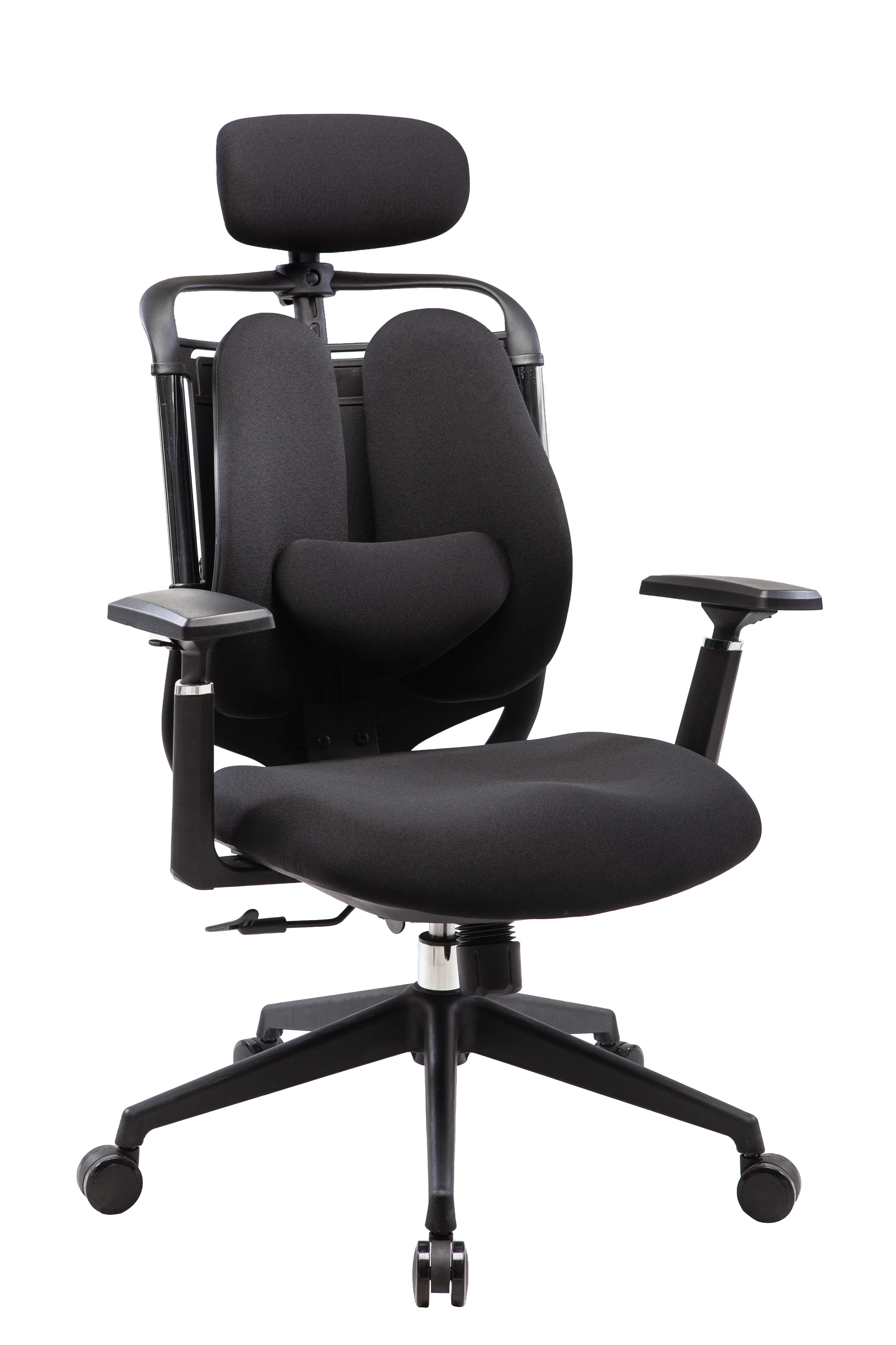 Black ergonomic office chair with adjustable armrests, headrest, and lumbar support, on a white background.