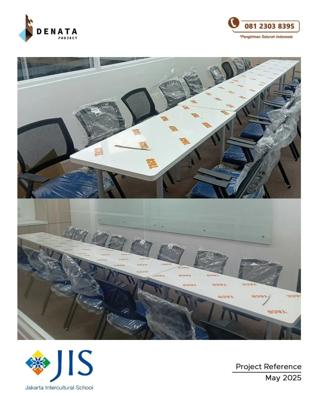 Meeting room with chairs wrapped in plastic, a long white table, and windowed wall at Jakarta Intercultural School, May 2025.