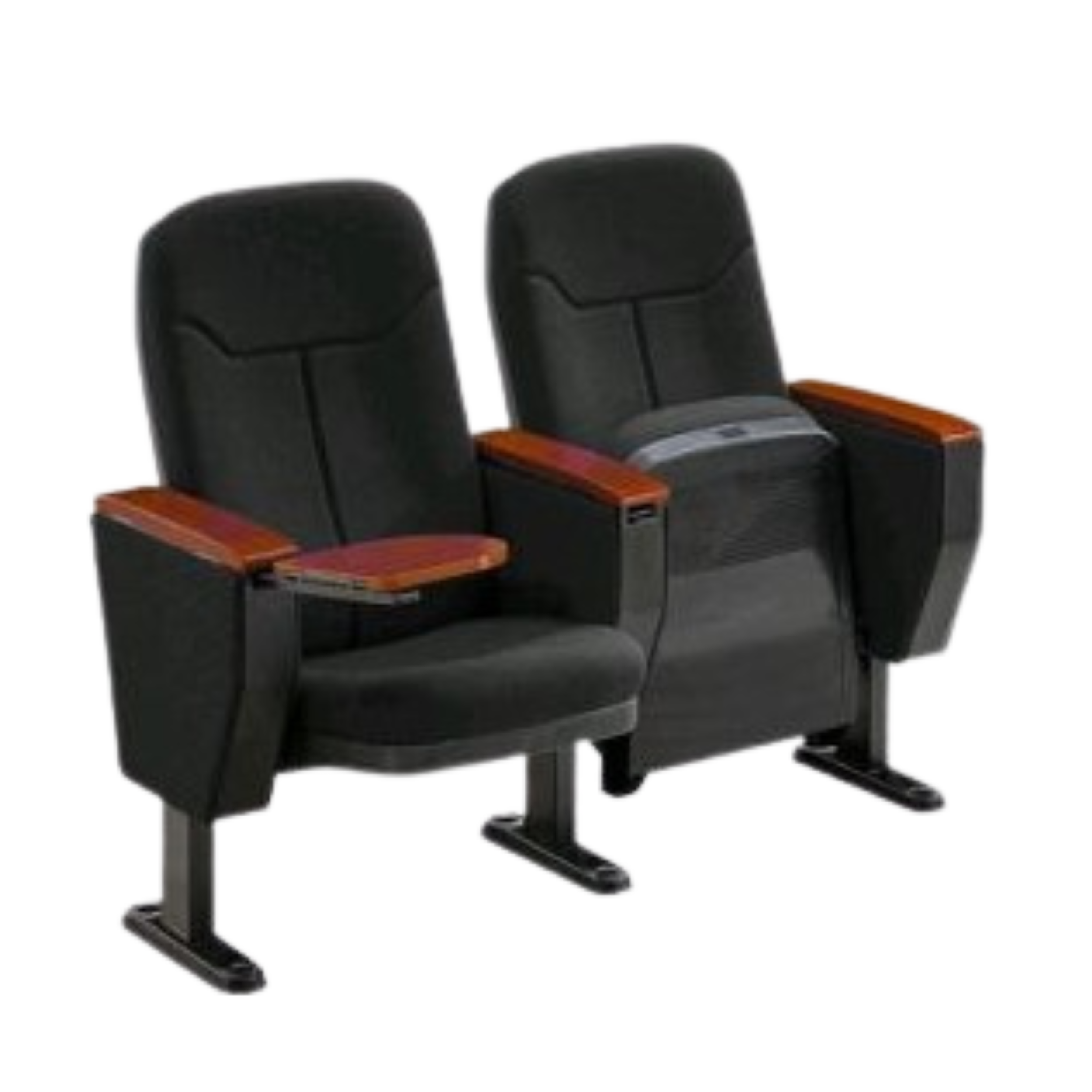 Two black theater or auditorium seats with wooden armrests, side by side, on a metal base.