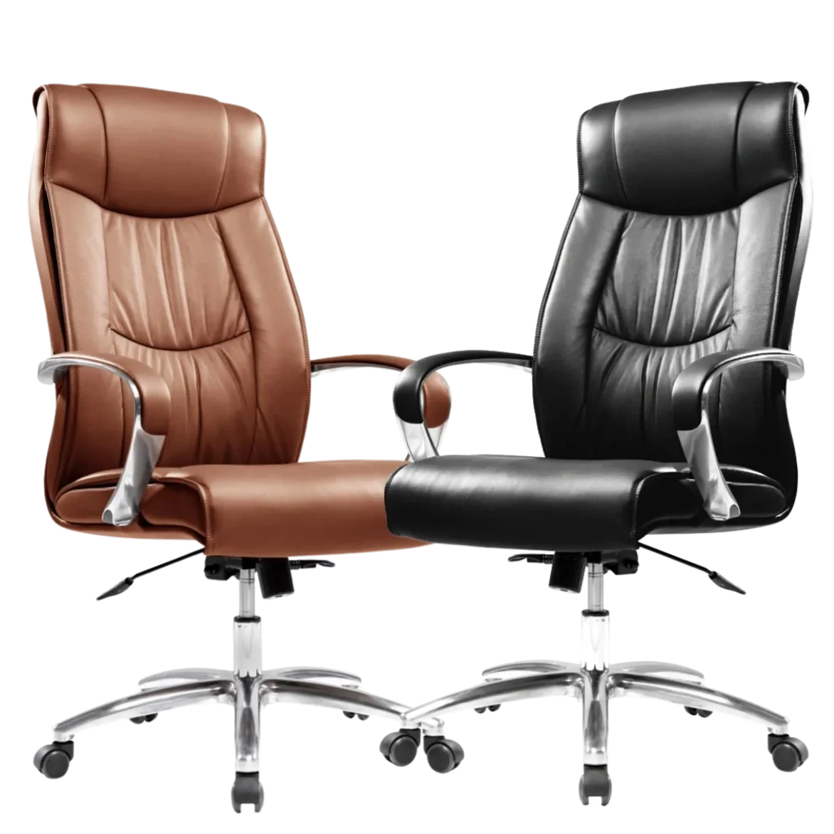 Two office chairs, one brown and one black, with armrests and chrome bases, positioned side by side.